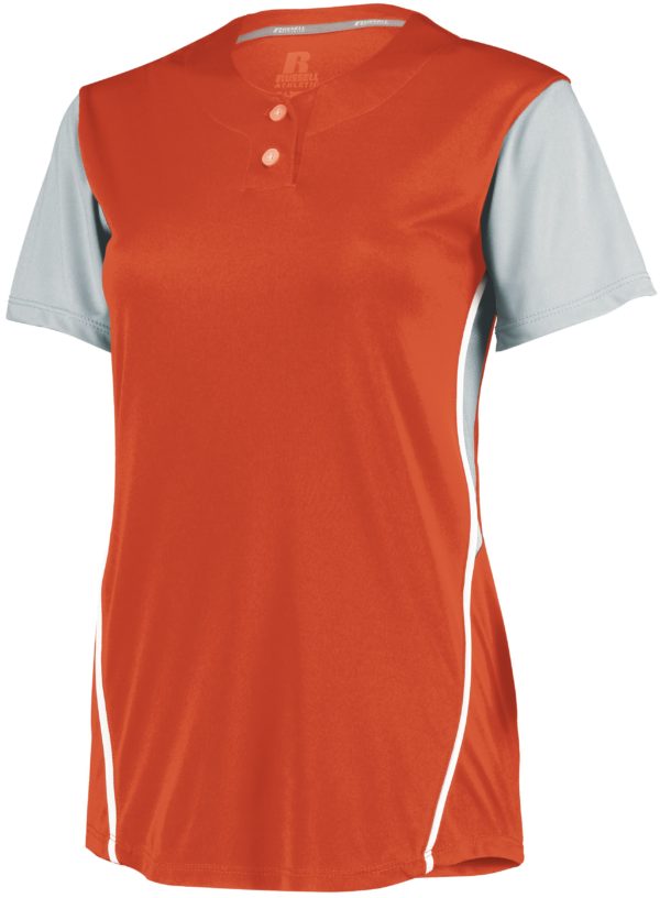 Russell Ladies Performance Two-Button Color Block Jersey BURNT ORANGE/BASEBALL GREY