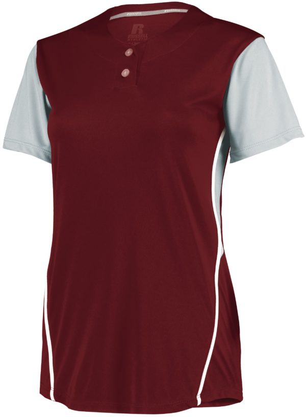 Russell Ladies Performance Two-Button Color Block Jersey CARDINAL/BASEBALL GREY