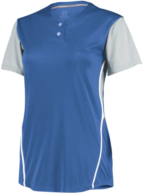 Russell Ladies Performance Two-Button Color Block Jersey COLUMBIA BLUE/BASEBALL GREY