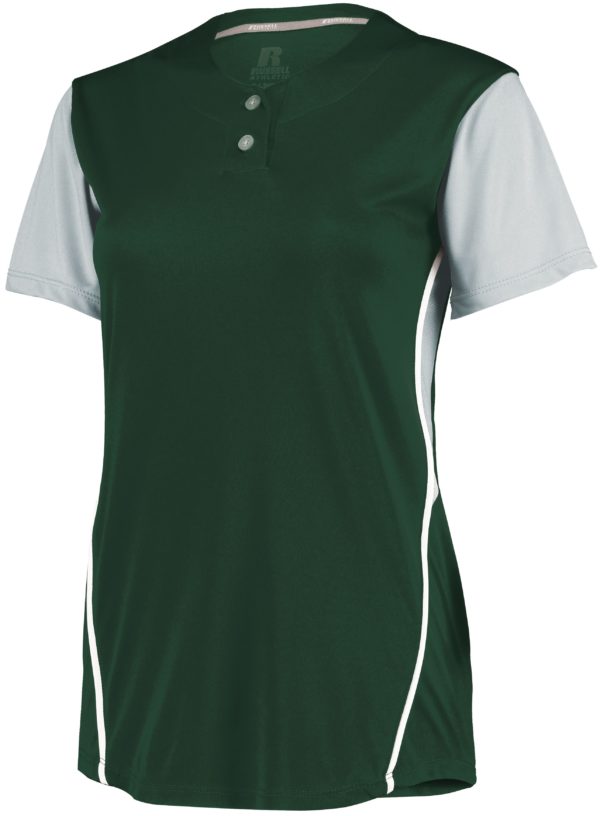 Russell Ladies Performance Two-Button Color Block Jersey DARK GREEN/BASEBALL GREY