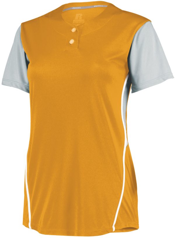 Russell Ladies Performance Two-Button Color Block Jersey GOLD/BASEBALL GREY
