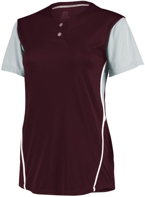 Russell Ladies Performance Two-Button Color Block Jersey MAROON/BASEBALL GREY