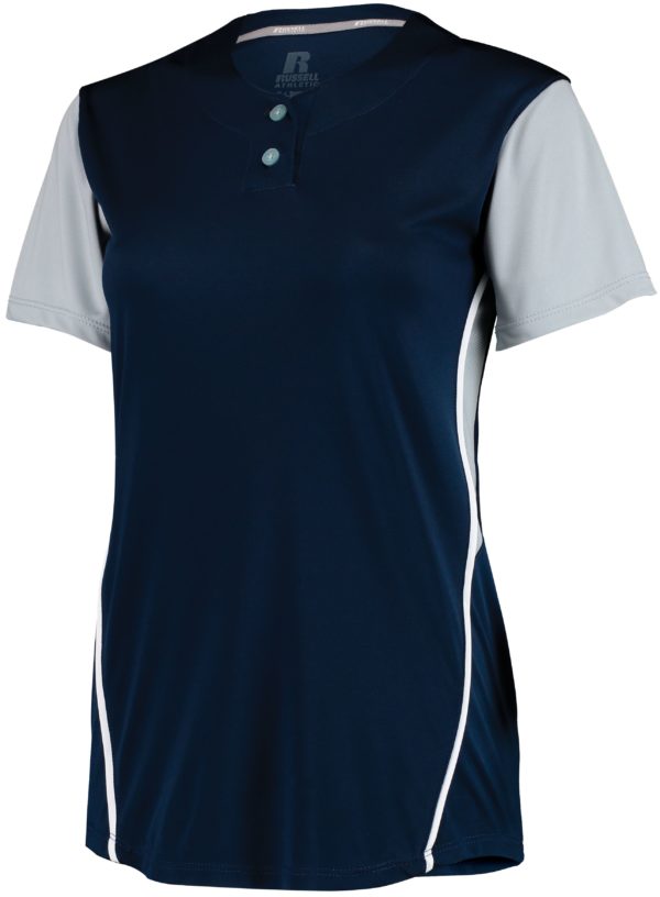 Russell Ladies Performance Two-Button Color Block Jersey NAVY/BASEBALL GREY