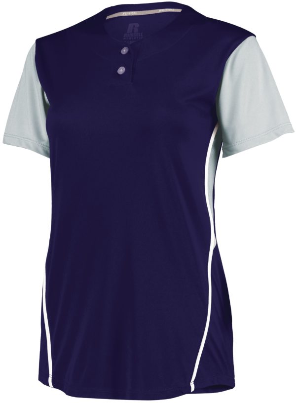 Russell Ladies Performance Two-Button Color Block Jersey PURPLE/BASEBALL GREY