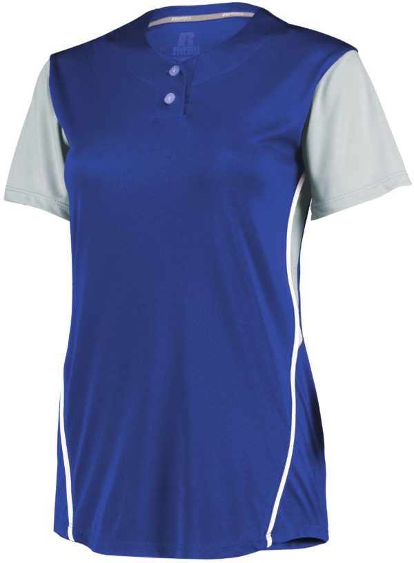 Russell Ladies Performance Two-Button Color Block Jersey ROYAL/BASEBALL GREY