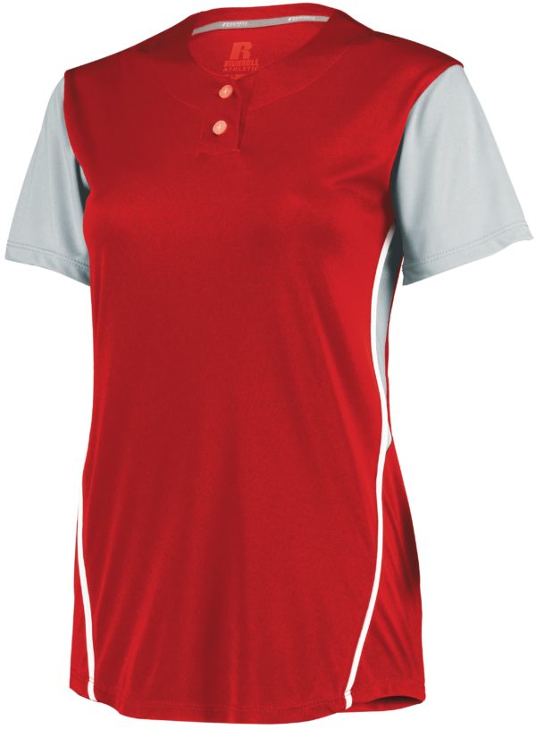 Russell Ladies Performance Two-Button Color Block Jersey TRUE RED/BASEBALL GREY
